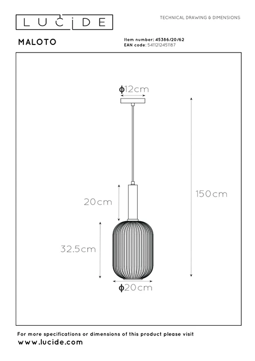 Lucide MALOTO - Suspension - Ø 20 cm - 1xE27 - Ambre - technique